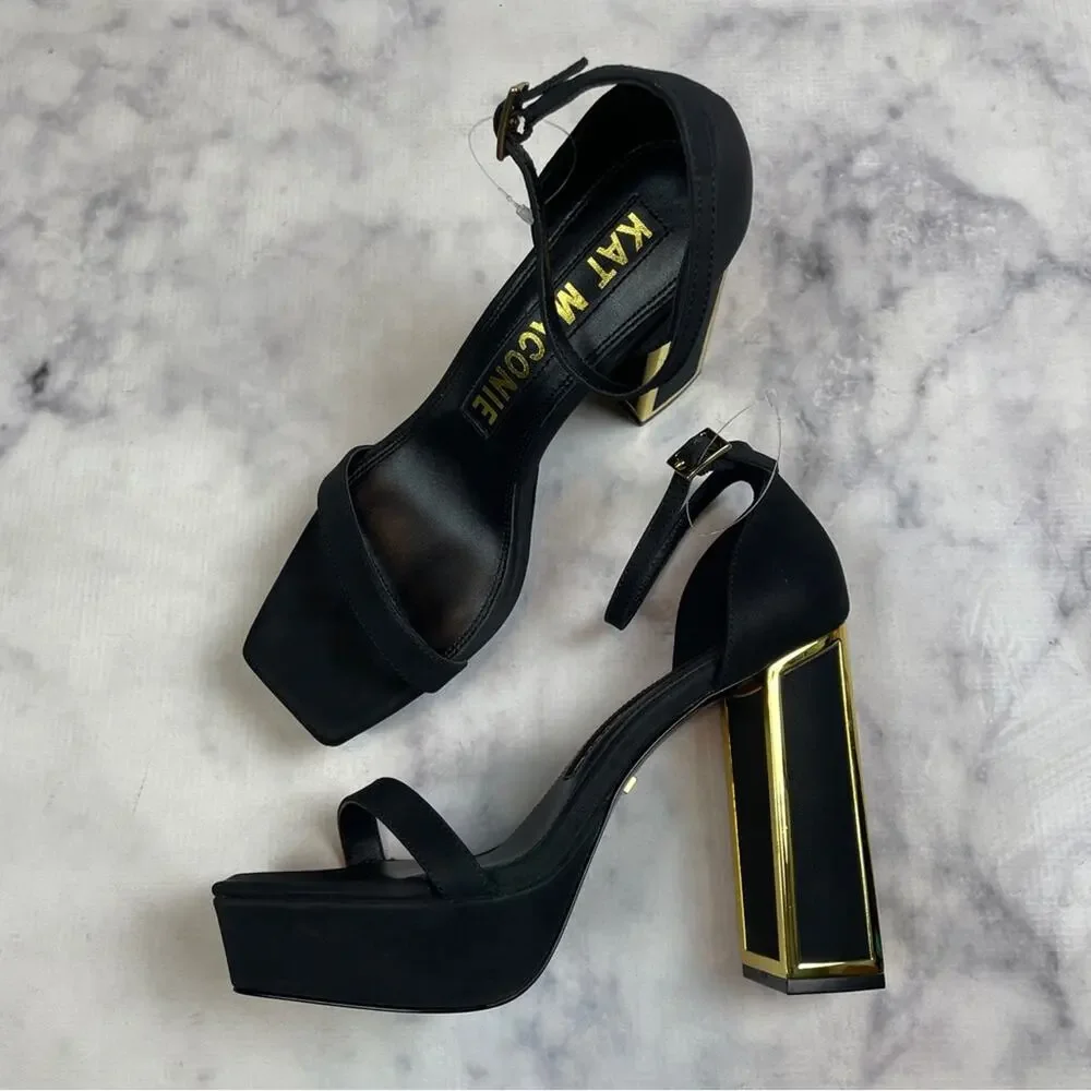 Kat Maconie Missy Black Platform Sandals Block Heel Gold Trim NWOB Sz 7.5
